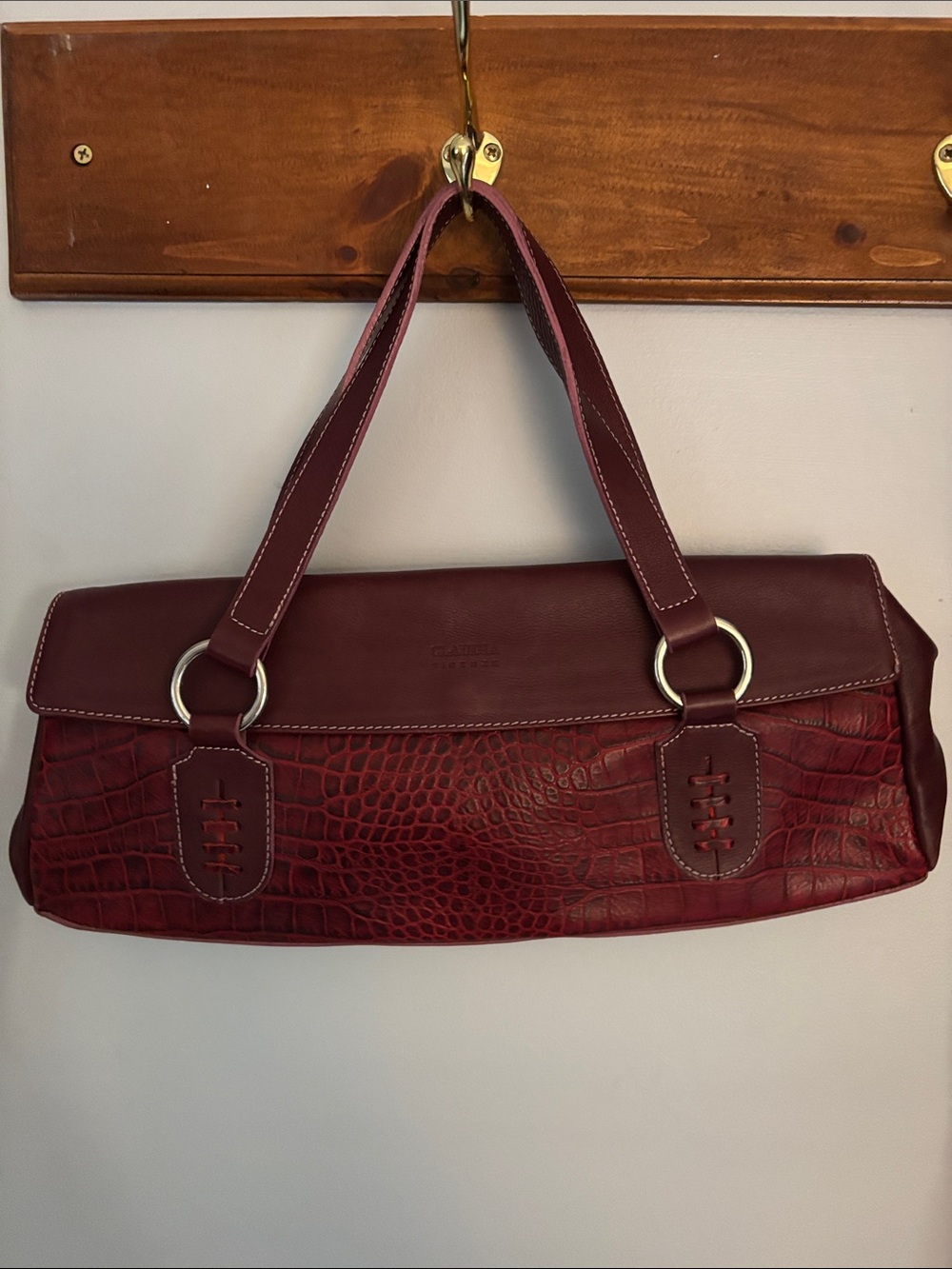 Croc-Embossed burgundy and red Shoulder Bag with Double Straps